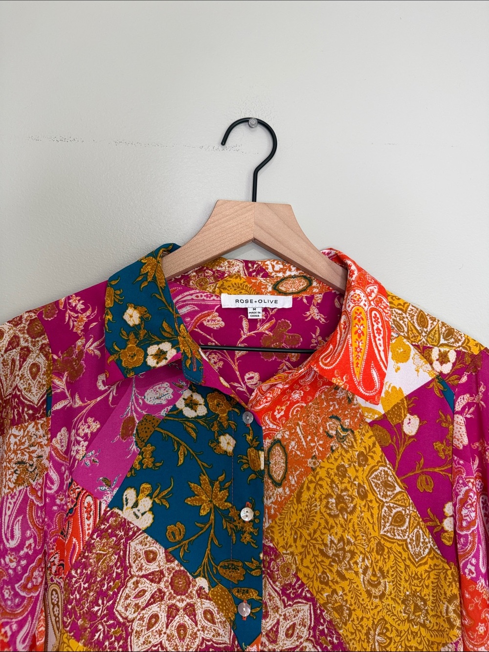 Rose + Olive Vibrant Patchwork Paisley Button-Up Blouse Medium - Picture 2 of 7